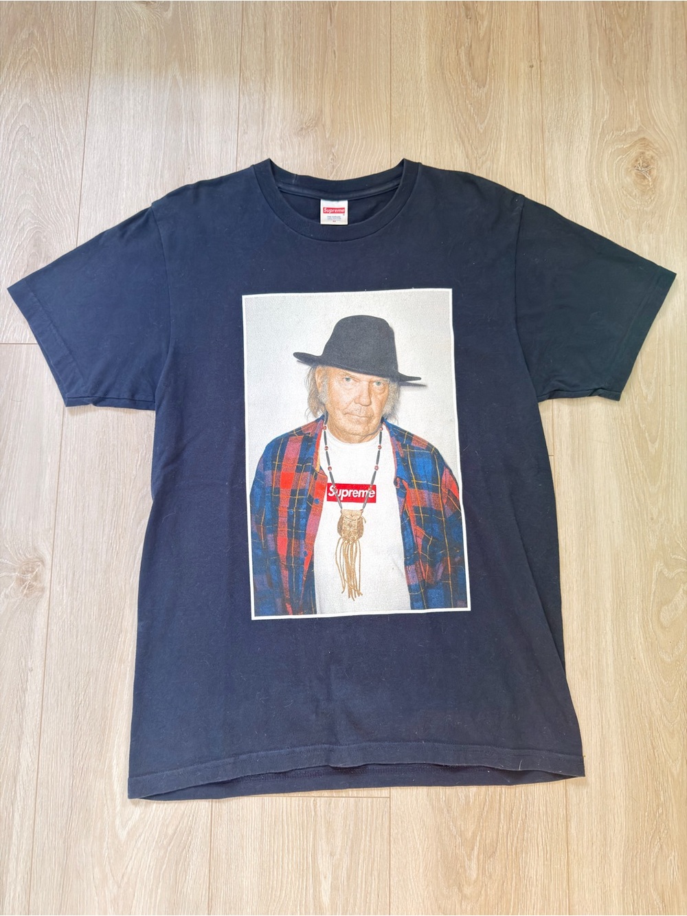 Supreme Neil young navy T-Shirt with Red Logo and Blue Plaid Graphic